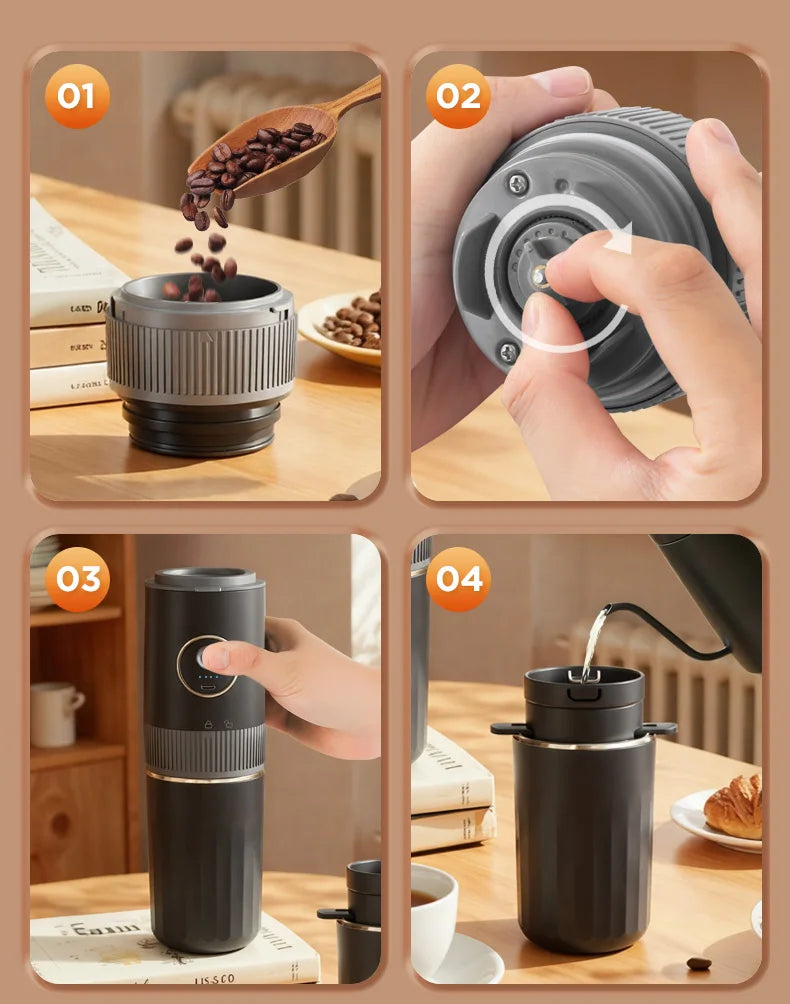 Travel-Friendly All-in-One Coffee Maker - Built-in Grinder, Handheld 