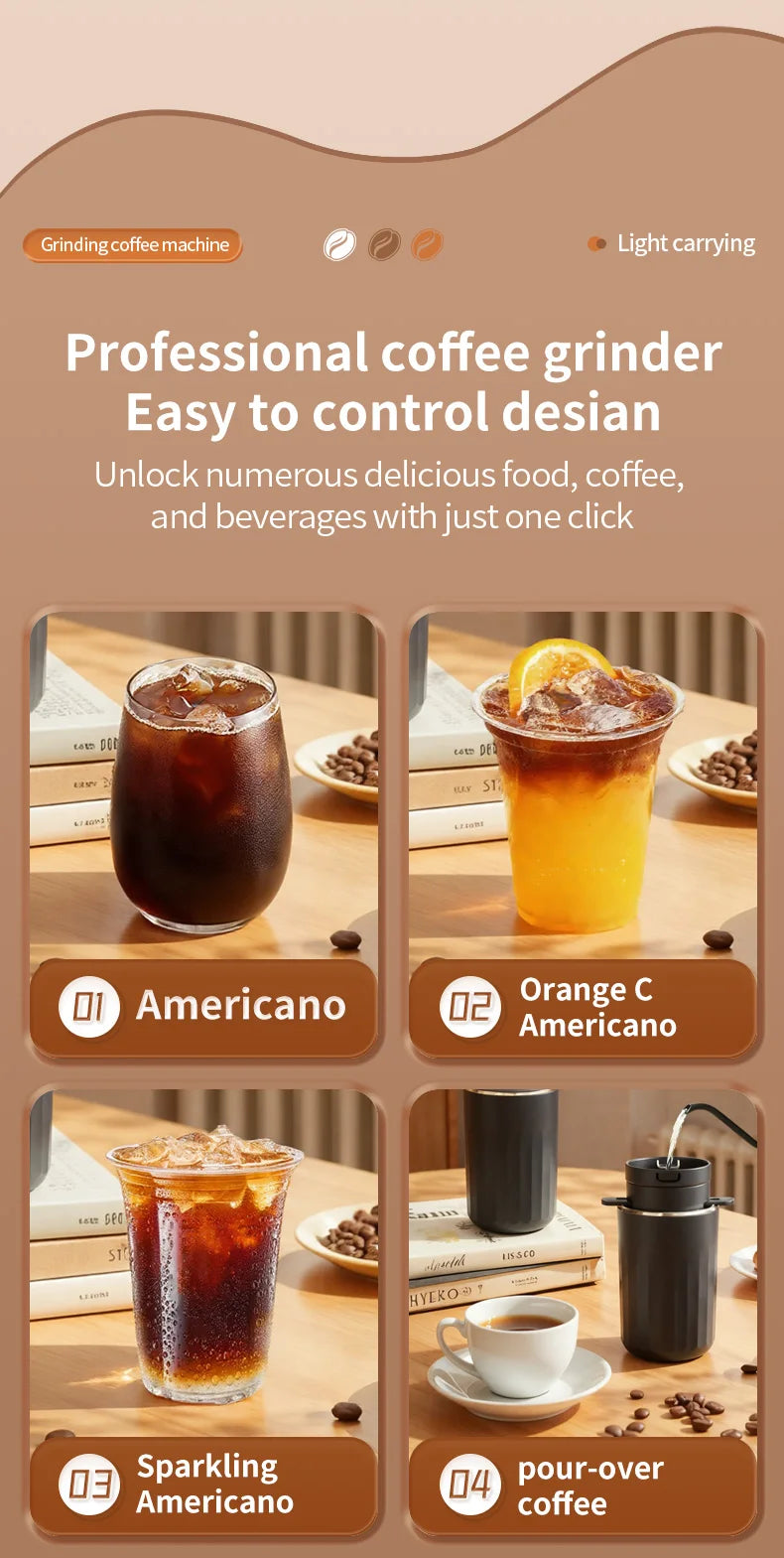 Travel-Friendly All-in-One Coffee Maker - Built-in Grinder, Handheld 