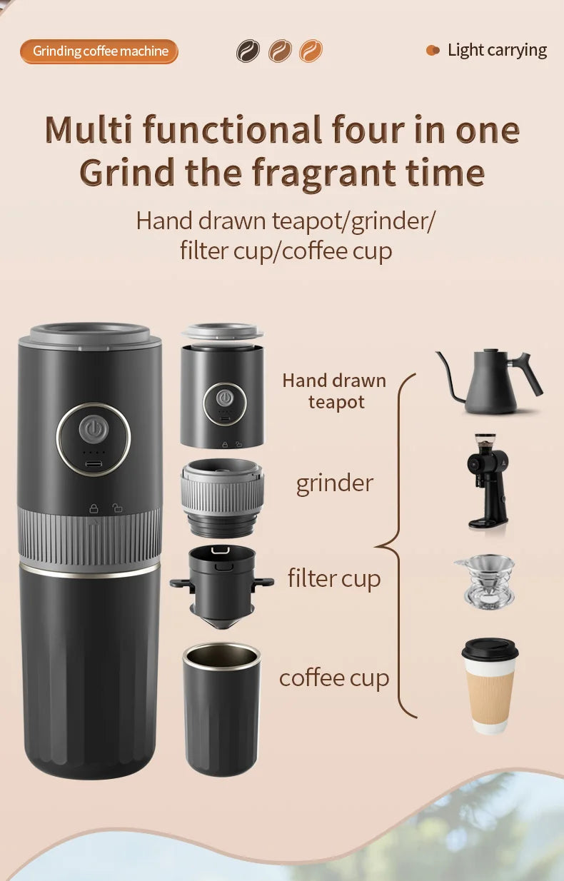 Travel-Friendly All-in-One Coffee Maker - Built-in Grinder, Handheld 