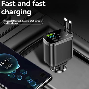 Car charger, car charger with retractable cable, car PD, car fast charging, super fast charging, flash charging, five in one cig