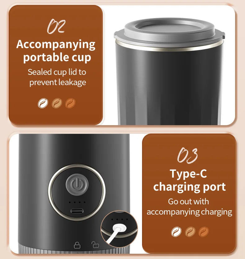Travel-Friendly All-in-One Coffee Maker - Built-in Grinder, Handheld 