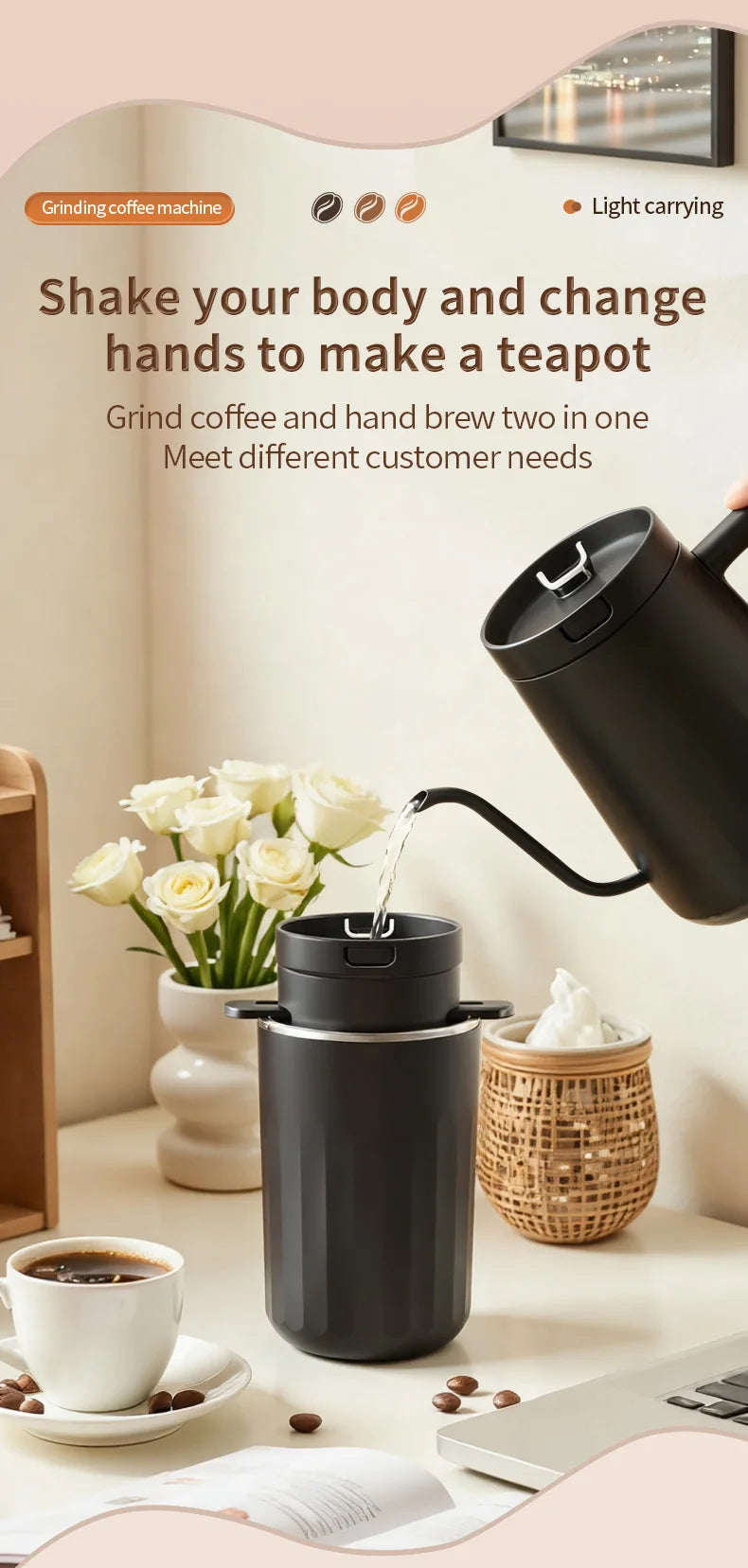 Travel-Friendly All-in-One Coffee Maker - Built-in Grinder, Handheld 