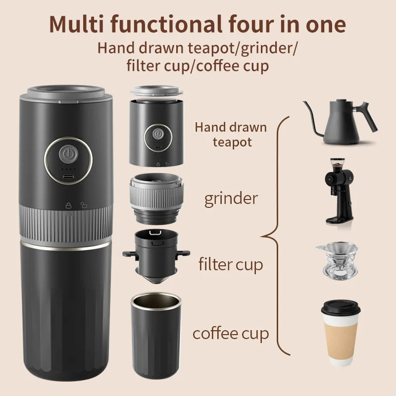 Travel-Friendly All-in-One Coffee Maker - Built-in Grinder, Handheld 