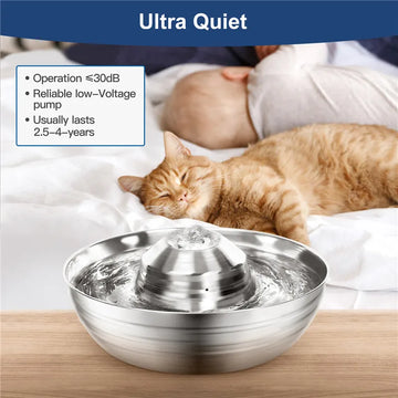 2L pet stainless steel water dispenser with silent filtered water pump, suitable for indoor cat and dog drinking water bowl